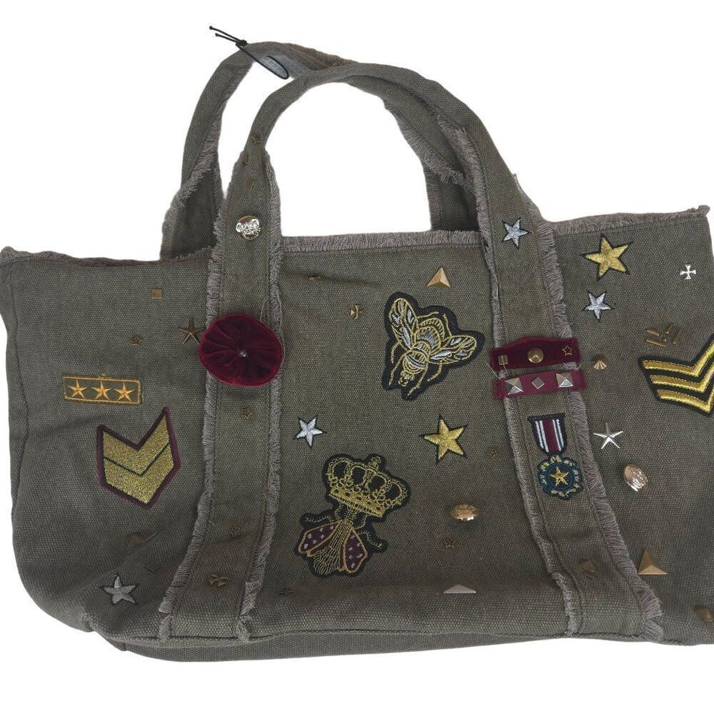 Steve Madden Canvas Military Inspired Tote Bag Patches Green New